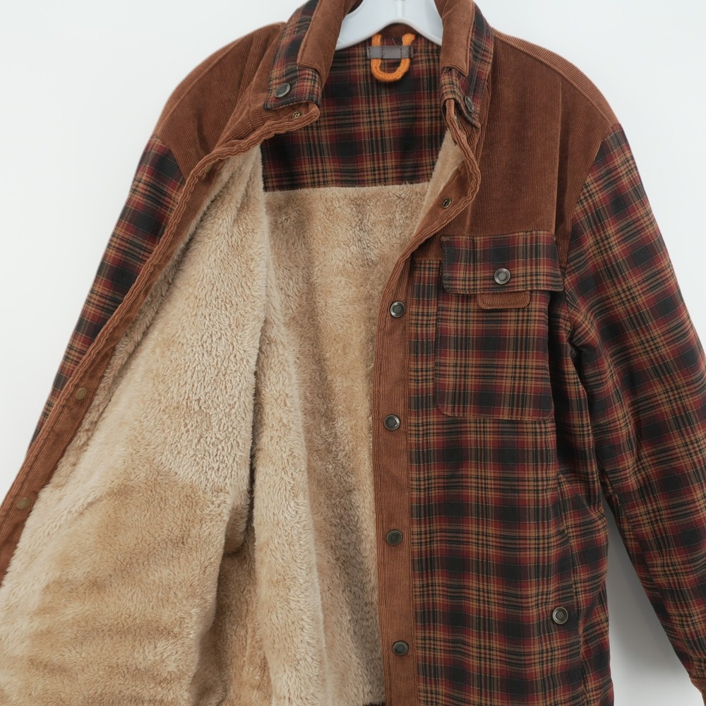 Fashion Military Series Jacket Mens 52 Brown Plaid Corduroy Faux Fur Lined